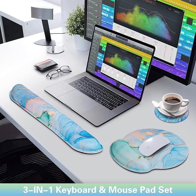 Mouse Pad Blue, 3-in-1 Mouse Pad with Wrist Rest for Keyboard and Mouse, Gaming Mousepad with Anti-Skid Base,Ergonomic Memory Foam Keyboard Gel Wrist Rest, Office Desk Accessories for Women