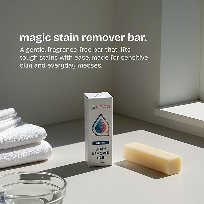 QLEAN Vegan Stain Remover Bar for Fabrics, Laundry Bar Soap for Clothes – Plant-Based, Travel-Friendly Stain Remover for Grease, Wine, Coffee, Grass & More – Non-Toxic & Safe for Delicates (1)