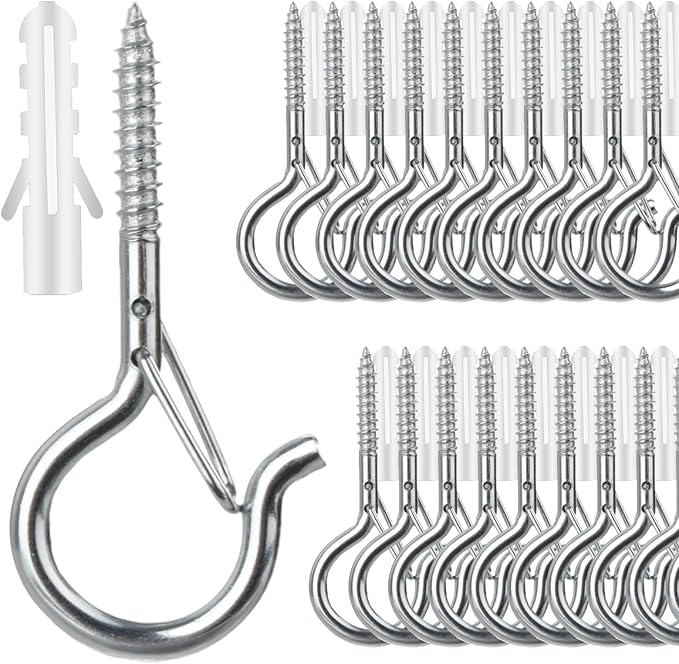 FSAH 25 PCS Screw-in Hooks for Outdoor String Lights, Q Hangers Hooks Outdoor for Outside, Swivel Hanging Basket Patio Light Hooks with Safe Buckle Screw in Planter Eye Hook for Wall Ceiling, Silver