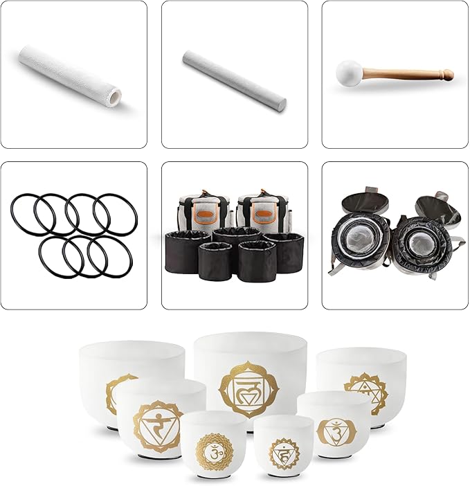 RYAN DVAN 432 hz 7-12 Inch Set of 7 Gold Chakra Design Quartz Crystal Singing Bowl Chakra Set with Free 2 pcs Carrying Case