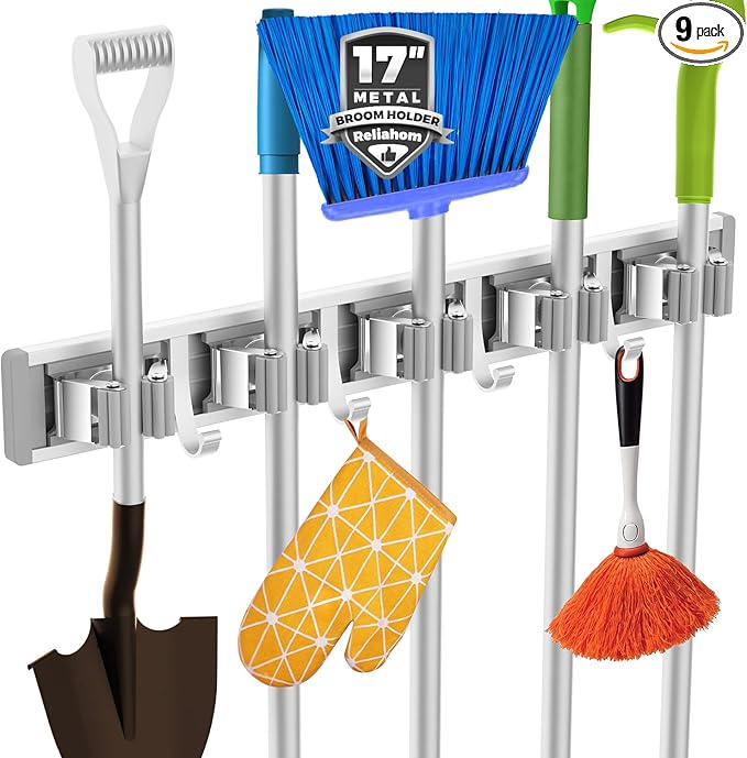 reliahom Broom Holder Wall Mount, 5 Racks with 4 Hooks Silver - Mop Storage Tool Racks, Broom Hanger Tool Organizer for Garage, Kitchen, Garden, Laundry Room