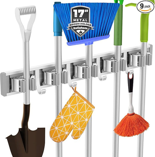 reliahom Broom Holder Wall Mount, 5 Racks with 4 Hooks Silver - Mop Storage Tool Racks, Broom Hanger Tool Organizer for Garage, Kitchen, Garden, Laundry Room