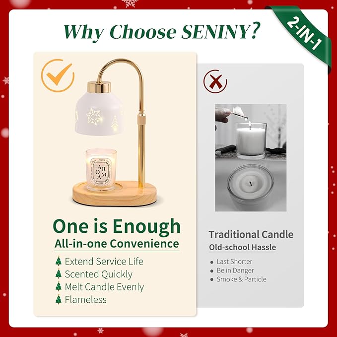 Seniny Christmas Candle Warmer Lamp with Timer, Adjustable Height Dimmable Lamp Candle Warmer for Jar Candles, Electric Warming Light, Home Decor Flameless Wax Melter Lamps, Birthday Gifts for Women