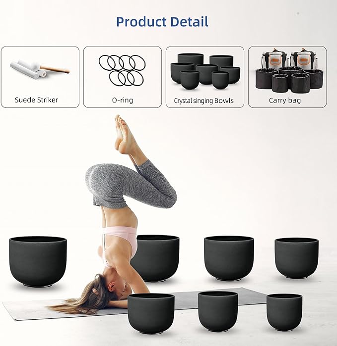 RYAN DVAN 7-12 Inch Set of 7 Pcs Black Color Quartz Crystal Singing Bowl Chakra Set with Free 2 pcs Carrying Case