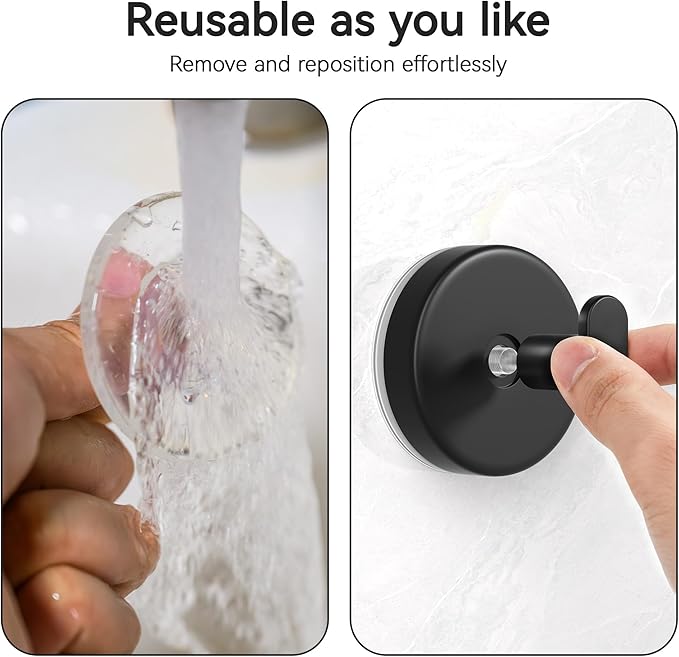 Suction Cup Hooks for Shower, Removable Towel Hooks for Bathroom, Kitchen, Glass Door, Mirror, Tile – Loofah, Towel, Coat, Bath Robe Hook for Hanging, Black 4 Pack