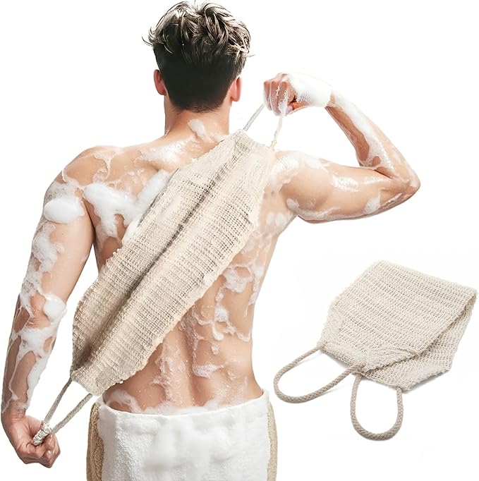 Natural Sisal & Ramie Exfoliating Back Scrubber for Shower with Handle - Deep Cleanse Back Scrubber, Scrub Spa Tool for Glowing Skin & Whole Body Care