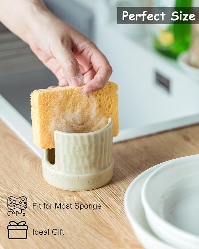Kitchen Sponge Holder, Ceramic Sponge Dish Rack Sink Scrub Caddy for Scrubbers, Bathroom, Cute Kitchen Gadget Organizer, Yellow