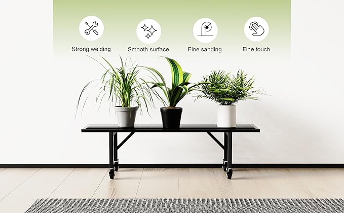 Zhongma One-Tier Metal Plant Stand with Wheels, (35.43 L x 8.66 W x 10.3 H) Heavy-Duty Plant Holder for Home, Window, Garden, Plant Lovers, Display Stand