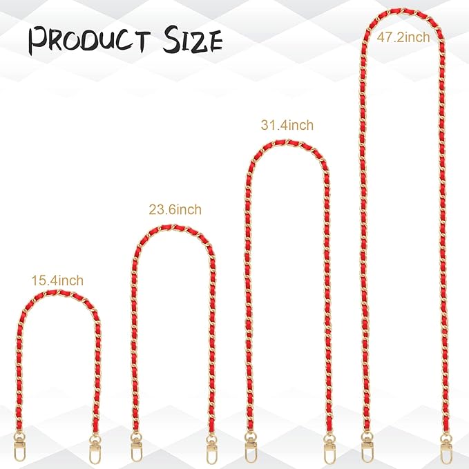 Gold Purse Chain, 4 Sizes Replacement DIY Bag Strap - Leather Metal Braided - Red/Gold (15.4 Inch, 23.6 Inch, 31.4 Inch, 47.2 Inch)