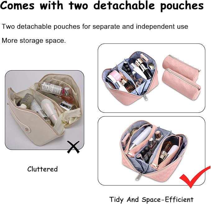 BOYATU Travel Makeup Bag Organizer Cosmetic Bag: 3 Pcs Set Make up Bags for Women with Handle - Waterproof Vegan Leather Toiletry Bags Travel Essentials Pouch with Compartments (01-D-Pink)