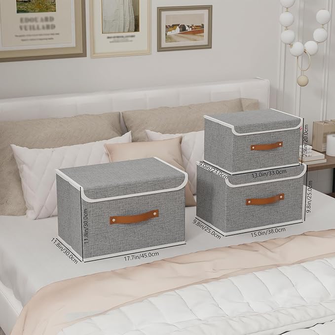 Yawinhe Collapsible Storage Boxes, Foldable Bin with Lids, Cube Clothes Organizer Basket with Handles, Grey, 13.0''Lx9.0''Wx7.9''H, 5-Pack, SNK024GS-5