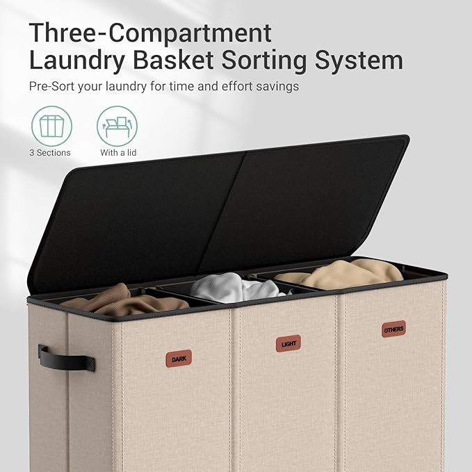 185L Laundry Hamper 3 Section with Lid, Khaki Large Laundry Basketr with 3 Removable Laundry Bags, Dirty Clothes Hamper for Bedroom, Laundry Room, Dorm