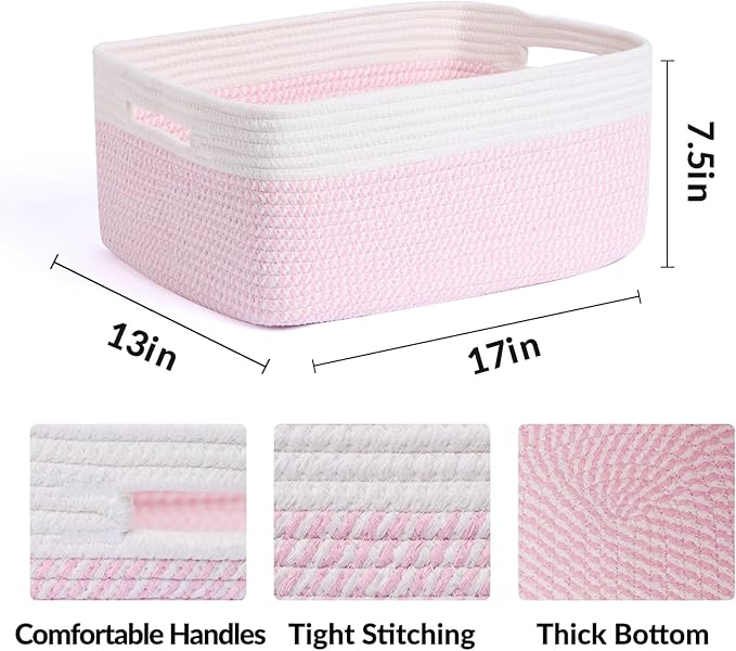 MiniArk Large Storage Baskets for Shelves, Closet Organizers Bins for Clothes Blanket Towels, Baby Nursery, Toy Baskets Box, Woven Rope Baskets, 17 x 13 x 7.5”, 2 Packs Woven Pink