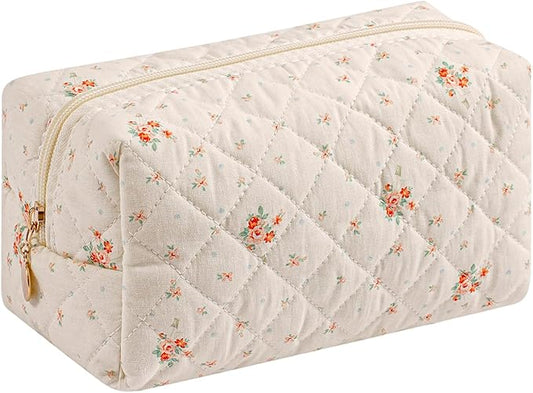 HHQQWZ Makeup Bag Travel Cosmetic Bag for Women Girls, Zipper Make Up Pouch, Floral Flowers Toiletry Organizer Makeup, Portable Storage Bag, Cosmetic Travel Cloth Bag (White Small Flower)