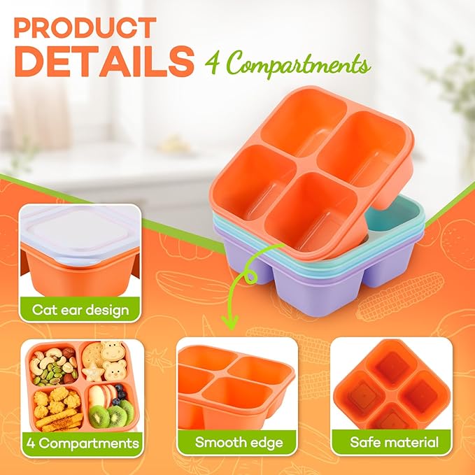 Bento Box Adult Lunch Box- 4 Pack,4 Compartment Snack Containers Reusable Meal Prep Stackable BPA-Free Lunch Containers for Home, Work, Travel (4 Color)