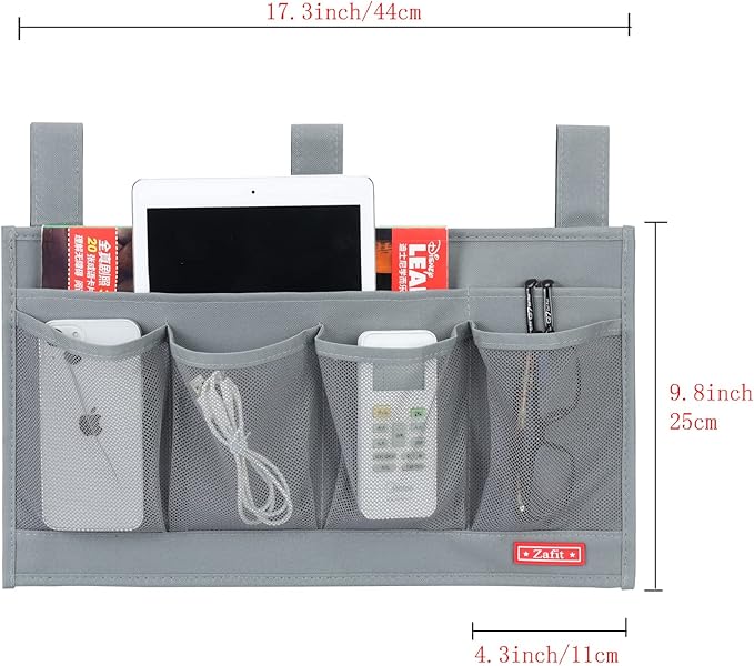 Hanging Bedside Caddy, Bedside Storage Organizer for Magazine, Phone, Remote control (6 Pockets-Grey)