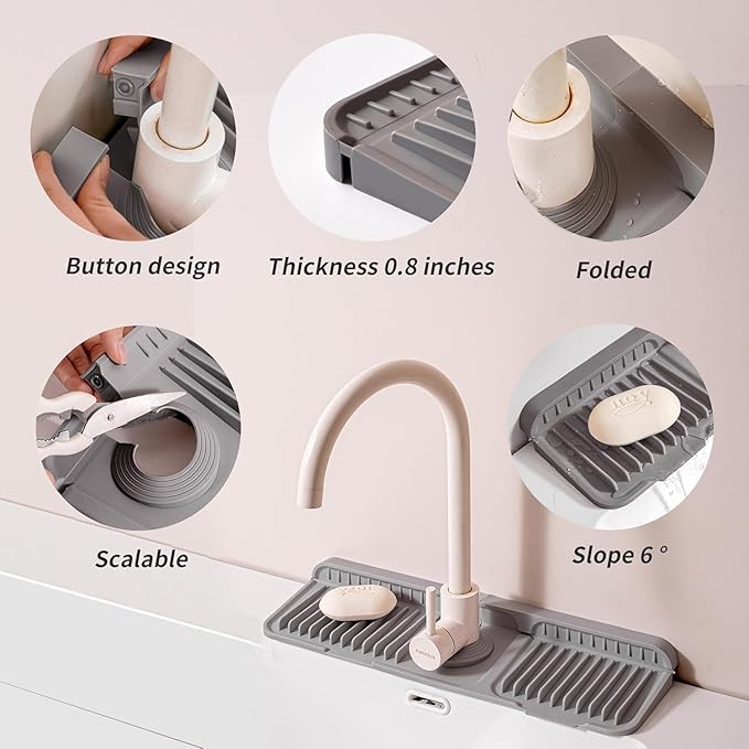 Faucet Mat for Kitchen Sink Upgraded Premium Silicone Splash Guard with Fast Drying Properties Protective Sink Tray Ideal for Stone Sinks in Kitchen & Bathroom (Gray, 17.5"x5.5")