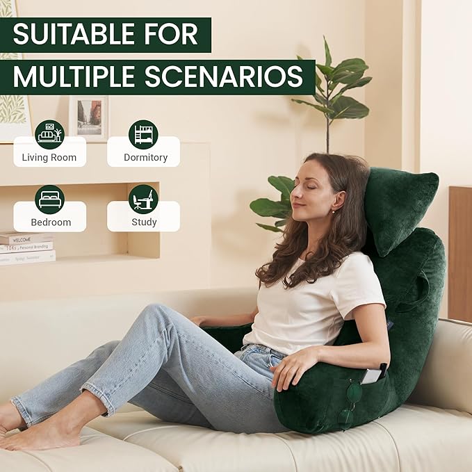 Portable Reading Pillows with Headrest for Bed Sitting Up(Dark Green Oeko-Tex), Velvet Back Pillow with Arms & Pockets for Adults, Support Memory Foam Bed Pillow for Dorm/Watching/Gaming