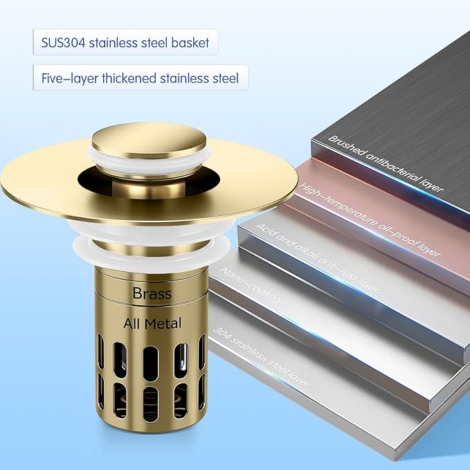 (All Metal) Bathroom Sink Stopper, Pop Up Drain for Bathroom Sink, Sink Stopper Hair Catcher, Silent Popper Core w/Removable Stainless Steel Filter Basket, Sink Drain Plug Fit for 1.05~2.0'' Basin
