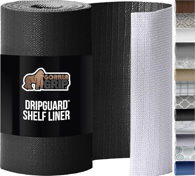 GORILLA GRIP DripGuard Shelf Liner, Non-Adhesive Drawer and Kitchen Cabinet Protector, Strong Grip Slip Resistant Underside, Smooth Surface Liners for Cabinets, Bathroom Closets, 17.5x120 Inch, Black