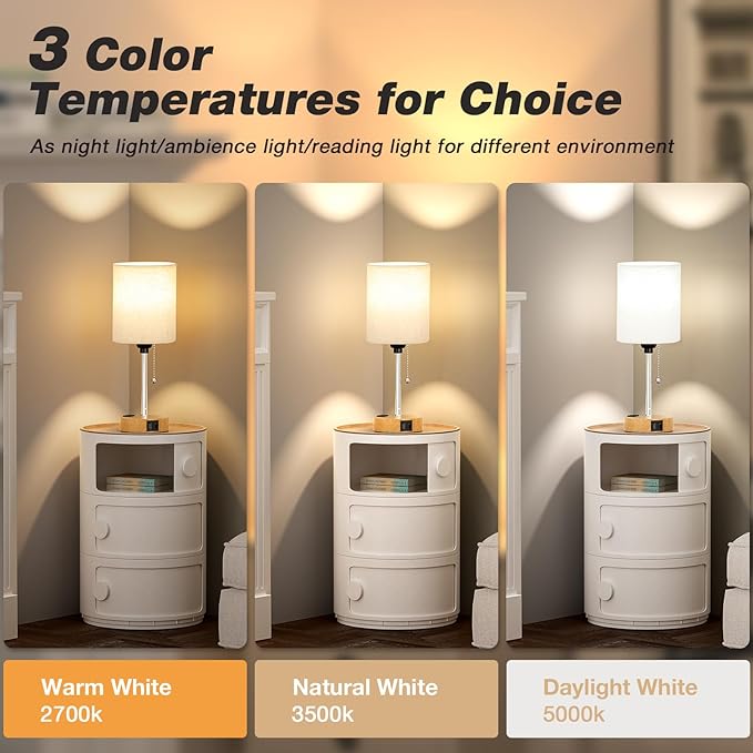 Small Bedside Lamp for Bedroom Nightstand - Table Lamp with USB C and A Port, Pull Chain Bed Lamps with AC Outlet, Wood Base Night Stand Lights for Kids Reading, Desk Lamp for Living Room/Dorm Room