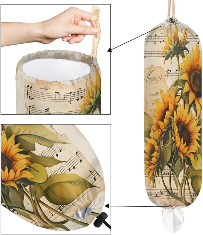 Sabokido Floral Sunflower Plastic Bag Holder Washable Musical Notes Grocery Bag Storage Dispenser Reusable Hanging Shopping Bags Carrier Wall Mount Plastic Bag Organizer for Home Kitchen Decor