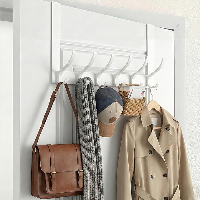 Peasulin Over The Door Hooks, Sturdy Door Hanger, Large Over The Door Towel Rack with 12 Hooks, Heavy Duty Easy to Install, for Bathroom, Bedroom, Kitchen, Hanging Towels, Coats (White)