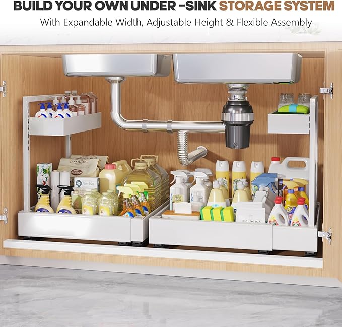 1-Pack L-Shape Expandable Under Sink Organizer with 3 Ball-Bearing Slide Rails, 2-Tier Pull-Out Under Cabinet Storage Shelf for Kitchen & Bathroom, Height-Adjustable Slide-Out Cabinet Drawer - White
