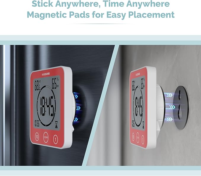 KADAMS Shower Clock Waterproof Bathroom Timer – Digital Wall Clock with Countdown, Magnetic Kitchen Clock with Temperature & Humidity, Suction Cup for Kids Shower Spa Sauna Cook Bath (Red)