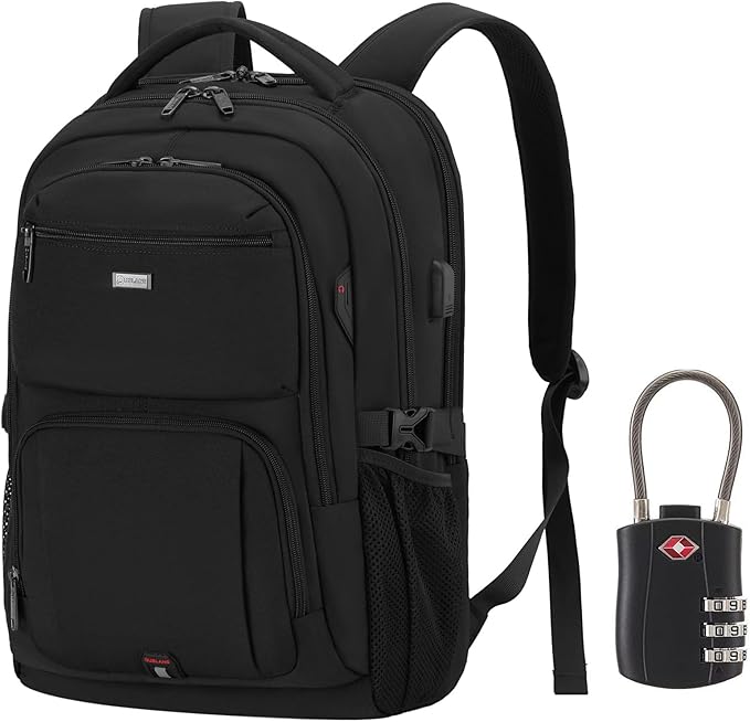 DUSLANG 17 Inch Laptop Backpack for Travel Water Resistant College Backpack for Men Women Laptop Bag with USB Charging Port with Black Lock, Black