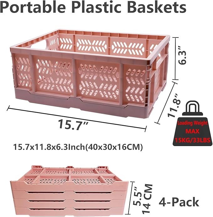 PTEREIW 20L Foldable Crates, 4Pack Plastic Baskets for Home and Office,Plastic Folding baskets,Collapsible Crates for Chrismas Gifts, Toys Storage. (Light Pink,15.7x11.8x6.3Inc)