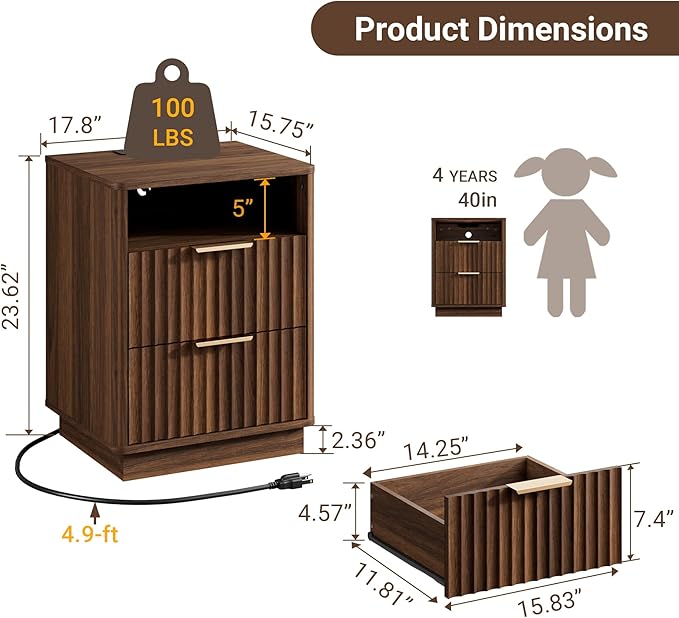 Fluted Nightstand Set of 2 with Charging Station, 18 inch Modern Farmhouse Night Stand, 2 Drawers End Table with Storage, Bedside Table for Bedroom Sofa Home Office, Curved Profile, Walnut