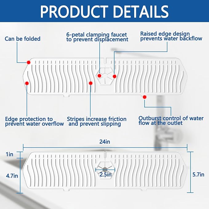 EBIGIC Kitchen Sink Splash Guard - 24 x 5.8'' Ultrathin Silicone Sink Mat Splash Guard fit for Countertop, Bathroom, Farmhouse, RV (White)