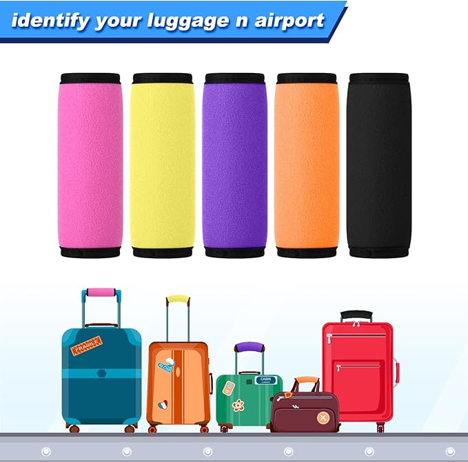 Cosmos 5 Pcs Luggage Handle Wraps Soft Neoprene Grip Handle Cover Detachable Luggage Identifier for Luggage Suitcase Travel Bag Trolley Case Travel Accessories (5-Color (Anti-Slip))