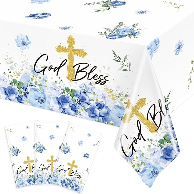 Ganeen 3 Pcs Baptism Tablecloth First Holy Communion Tablecloth Blue Boy God Bless Disposable Plastic Waterproof Cross Table Covers for Christening Baby Shower Religious Decor, 54 x 108 Inch