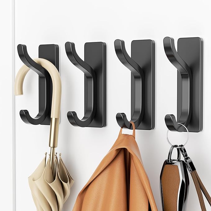 pickpiff Adhesive Wall Coat Hooks - Heavy Duty Stick-On Door Hanger, Metal Hook for Hanging Towel, Purse, Robe, Backpack, Jacket, Clothes - for Bathroom, Dorm, Closet, Kitchen - Black, 4 Pack