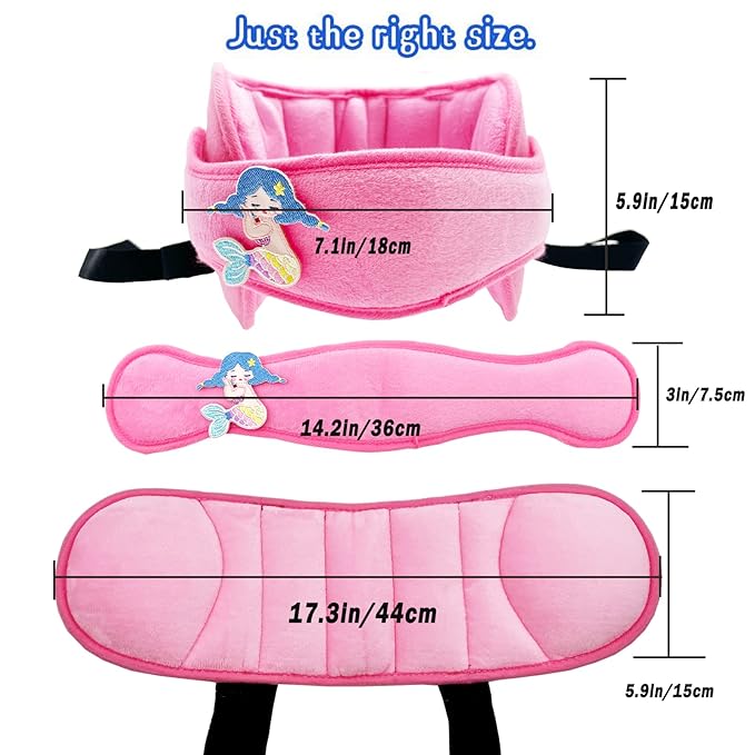 LETTON Car Seat Head Support for Child, Adjustable Head Band Strap Headrest, Safe, Comfortable Head & Neck Pillow Support Solution– Baby & Kids Travel Accessories (Pink with Mermaid Pattern)