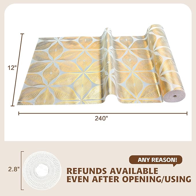 Drawer and Shelf Liner for Kitchen Cabinet,Non-Adhesive Waterproof Drawer Liner for Dresser & Bathroom Vanities with Adhesive Dots & Cutting Tool(12 in X 30 Ft Gold Leaf Pattern)