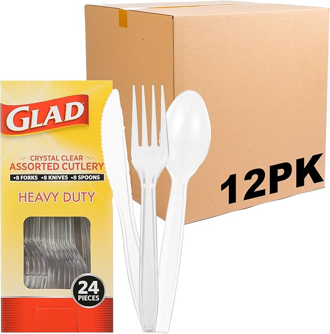 Glad Clear Disposable Cutlery Set with Heavy Duty Plastic Forks, Knives, and Spoons, Reusable Dishwasher Safe Plastic Utensils for Parties and Everyday Use, 24 Count - 6 Pack