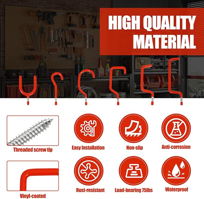 Lian.Ripple.Lian Garage Hooks Heavy Duty, 12-Pack Mixed Utility Garage Hooks, Wall Mounted Steel Tool Hangers for Garage Wall Organizer, Hold Ladders Tools Bikes (Red, 6 Type & 12 Pack)