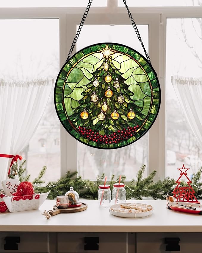 Stained Glass Window Hanging - Green Christmas Tree Golden Bells Suncatcher for Doors Home Christmas Decoration Sun Catcher Thanksgiving New Year Birthday Gift for Women Men Mom Nana 6.3 in