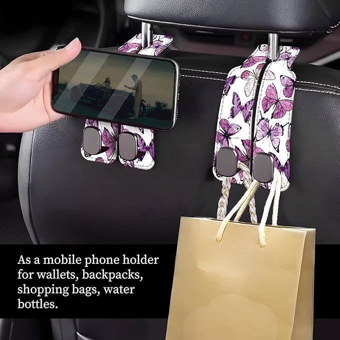 NUGGHU Car Seat Headrest Hook, Universal Leather Cute Hanger Holder Hook, Storage Organizer Interior Accessories for Purse Bags Handbag Luxury Purple Butterfly