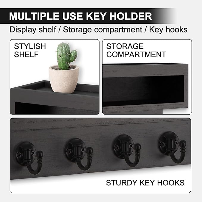 Key and Mail Holder Wall Mount, Key Hanger with Long Storage Box and 6 Hooks for Coat, Dog Leash, Home Decor Rack, House Accessories, Entry Way Organizer (Black)