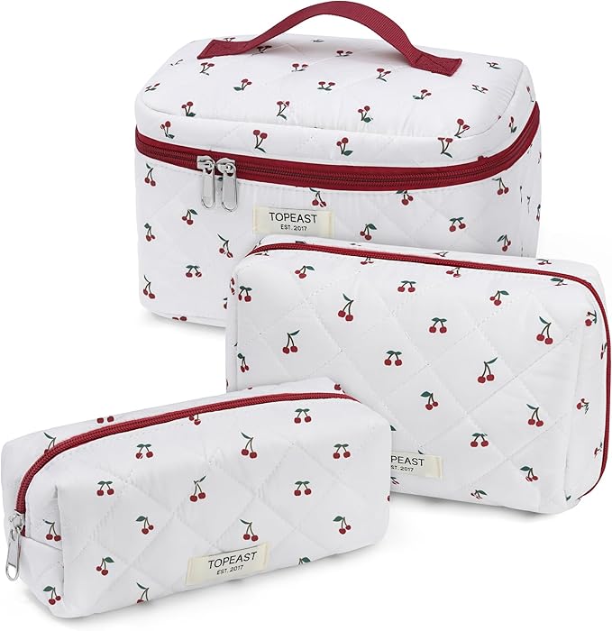 TOPEAST Christmas Gifts for Women Girls - 3Pcs Travel Makeup Bag Large Cotton Quilted Make Up Brush Bags, Portable Cute Cosmetic Bag Sets Machine Washable Toiletry Pouch, Cherry