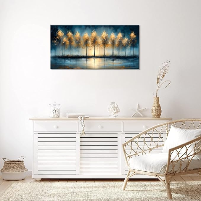 ZESTRILIA Golden Trees Wall Art Impression Canvas Abstract Sunset Oil Painting Reproduction Print Artwork Landscape Picture for Living Room Bedroom Home Office Kitchen Décor (20x40inch)