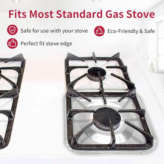 50pc Aluminum Gas Stove Burner Covers -Thicker Foil Square Burner Liners - Disposable Gas Range Protectors, 50 Pack（Outer diameter: 8.5 x 8.5 inch）