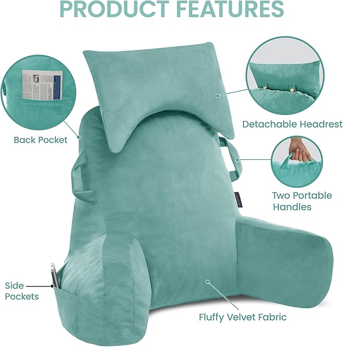 Portable Reading Pillows with Headrest for Bed Sitting Up(Lake Blue Oeko-Tex), Velvet Back Pillow with Arms & Pockets for Adults, Support Memory Foam Bed Pillow for Dorm/Watching/Gaming