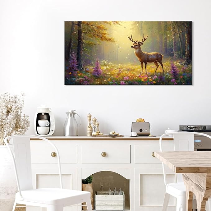 ZESTRILIA Pretty Deer Forest Wall Art for Living Room Office Gold Mustard Yellow Wildlife Wildflower Canvas Painting Prints Spring Wild Life Artwork Girls Bedroom Decor (30x16 Inches)