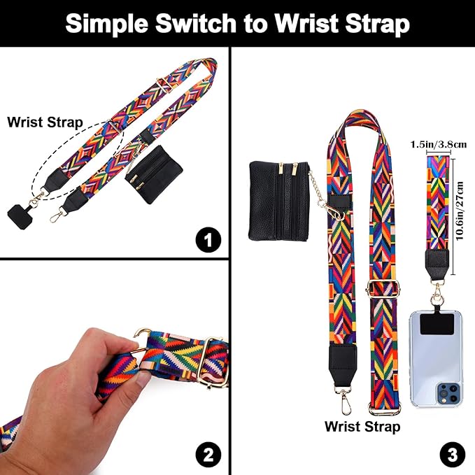 XANGNIER Clip and Go Strap for Phone with Wallet Crossbody, Phone Strap with Zippered Wallet, Adjustable Anti Theft Cellphone Lanyard for Women, Cellphone Chain Accessories, Multicolor 10