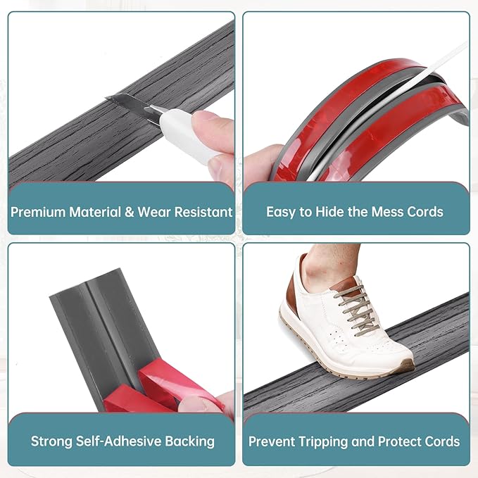 Floor Cord Cover Self Adhesive Cord Hider Floor Extension Cord Covers for Floor Power Cord Protector Cable Management Prevent Cable Trips Cable Cavity 0.51" W x 0.31" H (Deep Grey Wood, 20Ft)